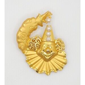 Vintage Clown Brooch Pin Gold Tone Faux Pearl Accents Fashion Retro